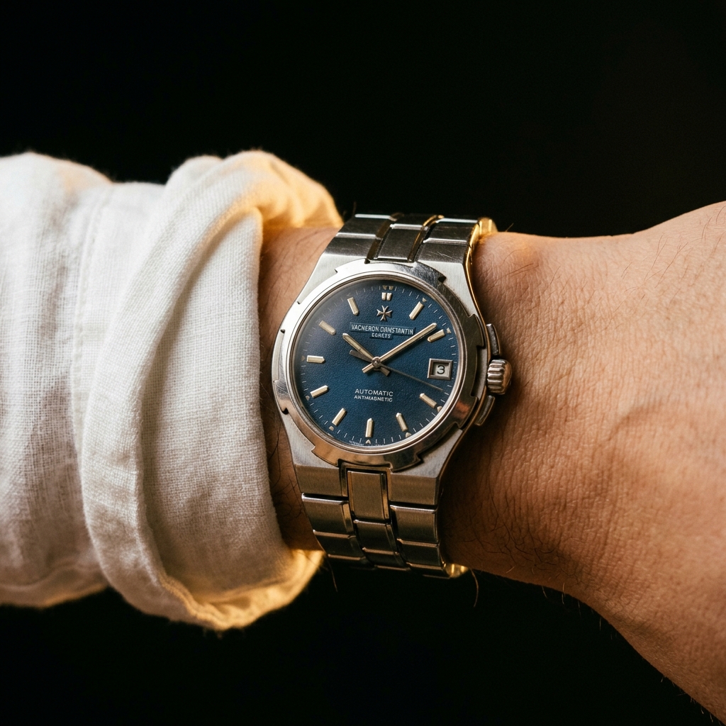 Luxury watch collection displayed on dark wooden desk